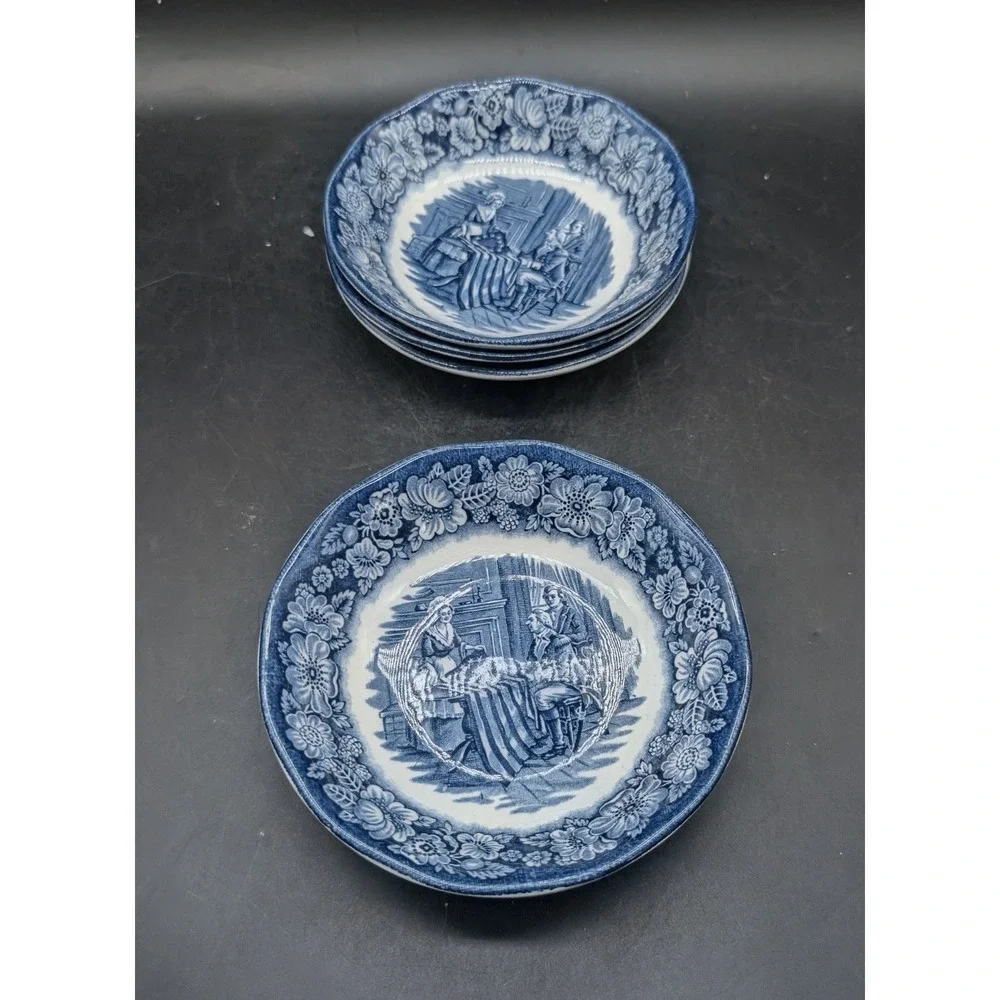 Liberty Blue Historic Colonial Scenes Betsy Ross Fruit Bowls Set of 5 England